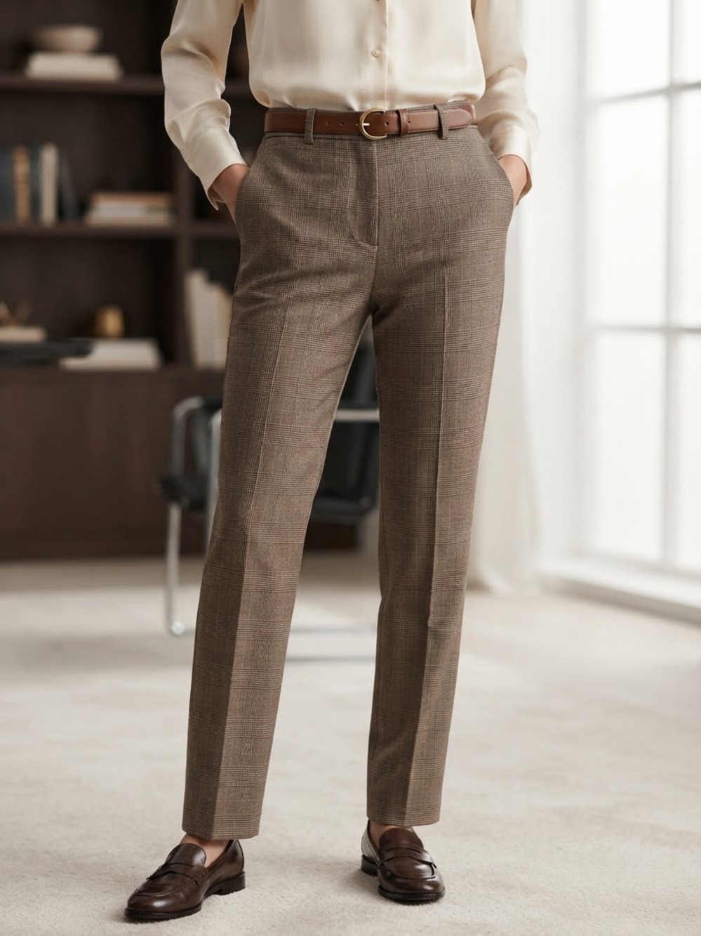 Talbots Brown Taupe Plaid Dress Pants —Tailored High Waist Straight-Leg Trousers